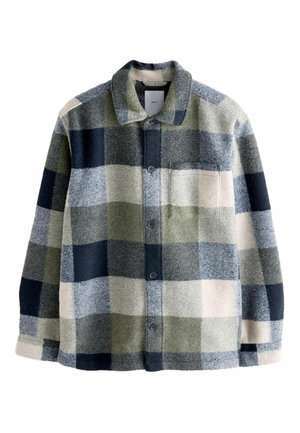 Checked flannel shirt in green, navy, and cream. Features collar, front pocket, and button closures. Soft texture with a relaxed fit.