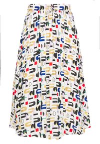 Jupe midi plissée en tissu léger avec un fond blanc et des motifs géométriques abstraits colorés, incluant des accents dorés et noirs.