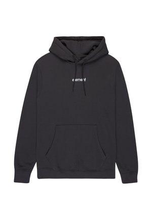 Black hooded sweatshirt made of cotton blend, featuring a front kangaroo pocket, ribbed cuffs, and a white "element" logo on the chest.