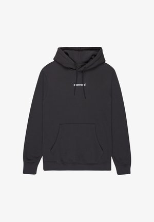 Black hooded sweatshirt made of cotton blend, featuring a front kangaroo pocket, ribbed cuffs, and a white "element" logo on the chest.
