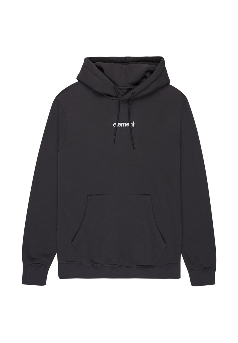 Zwarte hoodie van een katoenmix, met een voorzak in kangoeroestijl, ribgebreide manchetten en een wit "element" logo op de borst.