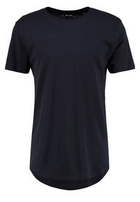 Laivastonsininen puuvillainen t-paita, jossa on lyhyet hihat, pyöreä pääntie ja kaareva helma. Sileä pinta ilman näkyviä kuvioita tai korostuksia.