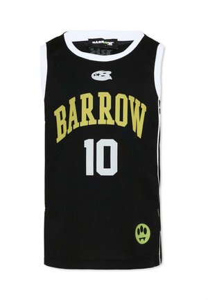 Czarna sportowa koszulka bez rękawów z białymi lamówkami, napisem "BARROW" na żółto, numerem 10 na biało oraz małym zielonym odciskiem łapy z kłami na dole.