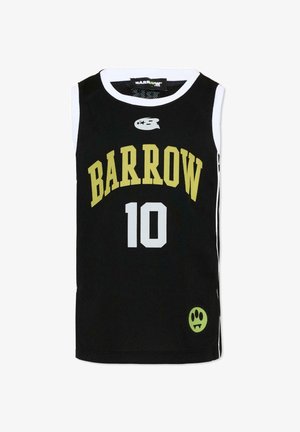 Maillot de sport noir sans manches avec bordure blanche, "BARROW" en jaune, numéro 10 en blanc, et une petite empreinte de patte verte avec des crocs en bas.