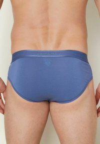 Men’s blue briefs with a smooth texture, a branded satin waistband, and a fitted design. The fabric is elastic and breathable.