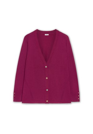 Cardigan a V, con maniche lunghe, di un profondo colore magenta, realizzato in un materiale morbido, con bottoni color oro e polsini a coste.