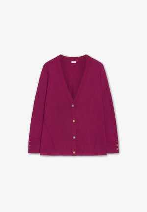 Cardigan de manga larga con escote en V en un profundo color magenta, hecho de material suave, que presenta botones en tono dorado y puños acanalados.