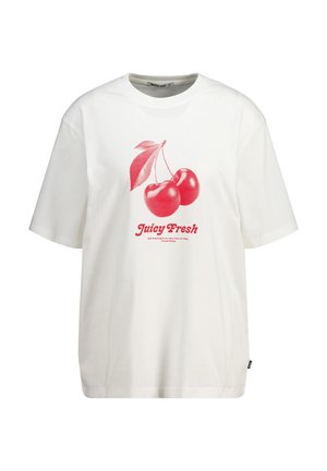 Weißes Baumwoll-T-Shirt mit einem roten Kirschgrafik und dem Text "Saftig frisch" darunter gedruckt. Klassischer Rundhalsausschnitt und kurze Ärmel.