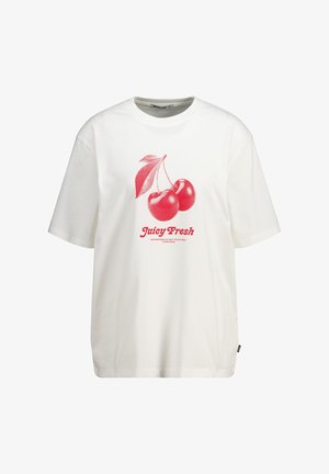 Witte katoenen t-shirt met een rode kersafbeelding en de tekst "Juicy Fresh" eronder gedrukt. Klassieke ronde hals en korte mouwen.