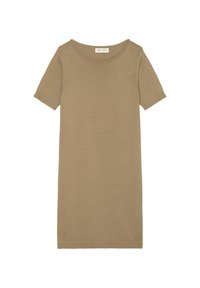 Short-sleeve, knee-length dress in light brown knit fabric. Features a rounded neckline and simple design with a smooth texture.
