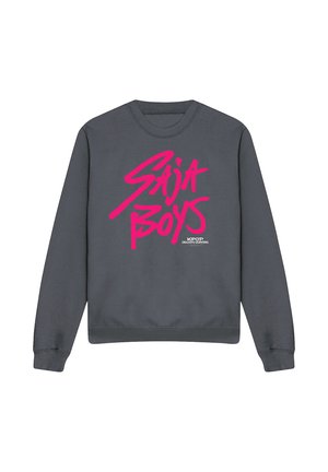 Gray crewneck sweatshirt featuring bold pink text that reads "Saja Boys" and "KPOP Demon Hunters". Smooth texture and casual design.