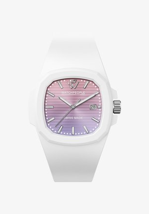 Balts silikona pulkstenis ar astoņstūri, ar pakāpenisku rozā-purpureja ciferi, sudraba stundu marķējumiem un datuma displeju pulksten 3.