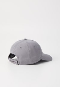 Graue Baseballmütze mit gebogenem Schirm, Belüftungslöchern und einem verstellbaren Rückriemen mit einem Logolabel an der Seite. Hergestellt aus strapazierfähigem Stoff.