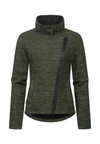 Veste verte texturée avec un col haut, dotée d'un zip noir diagonal à l'avant et d'une doublure intérieure douce. Ourlet rond en bas.
