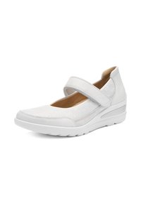White Mary Jane shoe with a textured upper, adjustable Velcro strap, low wedge heel, and rubber sole for enhanced grip and comfort.