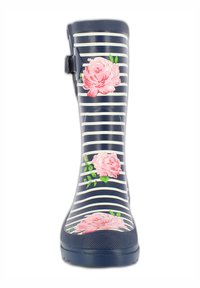 Maritiem gestreepte rubberen regenlaars met roze bloemenontwerpen en groene bladeren, voorzien van een textuurzool en een verstelbare zijgesp. 