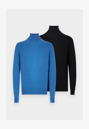 Deux pulls à col roulé à manches longues unis, l'un bleu vif à l'avant et l'autre noir à l'arrière, présentés sur un fond gris clair.