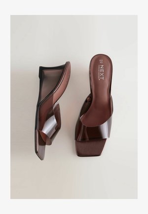 Rjave odprte mule z prozornim plastičnim zgornjim delom, kvadratnim dizajnom prstov, ravnim podplatom in subtilnim blagovno znamko na notranjosti.