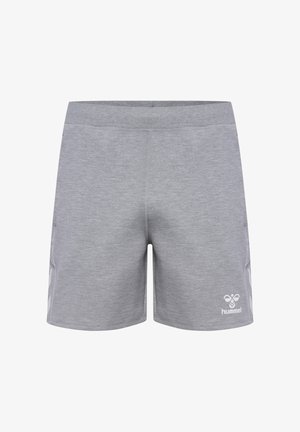 Lichtgrijze sportshorts met elastische tailleband, chevronpatronen aan de zijkant en wit hummel-logo op het onderste rechterbeen.