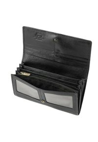 Czarny skórzany portfel z wieloma kieszonkami na karty, zamykanymi komorami i dwoma przezroczystymi oknami na identyfikację. Gładka faktura i zapięcie na napy.