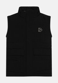 Gilet sans manches noir en tissu rembourré, avec un col haut, deux poches avant et un petit logo gris sur la poitrine gauche.