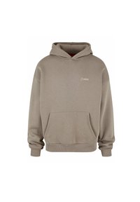 Sweat à capuche beige en tissu doux avec une poche avant, des poignets et un ourlet côtelés. Logo "Interdit" brodé sur la poitrine.