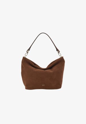 Brown suede shoulder bag with a soft, draped design, featuring a single leather strap and gold-tone hardware accents.