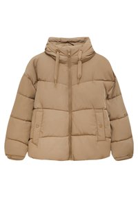 Chaqueta acolchada color beige con capucha, cremallera frontal, textura acolchada y dos bolsillos laterales con cierre de botones a presión. Material suave y aislante.