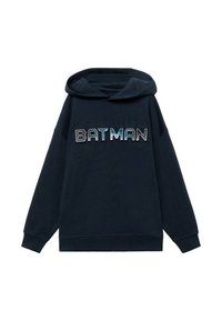 Felpa con cappuccio blu navy, caratterizzata da un grande logo "BATMAN" in diverse trame. Presenta un cappuccio spazioso e maniche larghe. Tessuto morbido con vestibilità comoda.