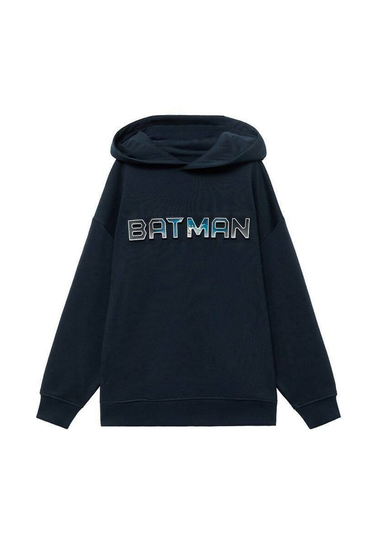 Felpa con cappuccio blu navy, caratterizzata da un grande logo "BATMAN" in diverse trame. Presenta un cappuccio spazioso e maniche larghe. Tessuto morbido con vestibilità comoda.