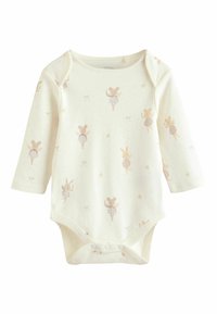 Cream baby onesie with long sleeves, decorated with small illustrations of fairies and stars in soft pastel colors.