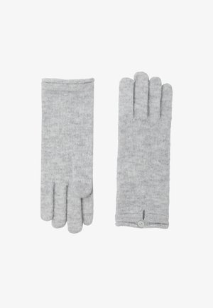 Šedé pletené rukavice vyrobené z jemného materiálu, s těsným střihem, čtyřmi přihrádkami na prsty a akcentom v podobe gombíka na zápästí.
