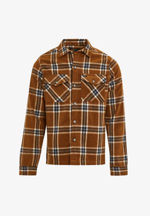 Brown flannel shirt with a plaid pattern featuring blue and white lines. Two chest pockets, button closure, and long sleeves. Soft texture.