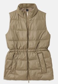 Khaki puffer vest met een hoge kraag, ritssluiting, elastische tailleband en twee zijzakken met een doorgestikte textuur.