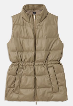 Puffer vest in khaki, featuring a high collar, zip closure, elastic waistband, and two side pockets with a quilted texture.