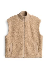Veste beige sans manches zippée avec tissu texturé à boucles, col montant côtelé et bordures côtelées sur deux poches latérales.