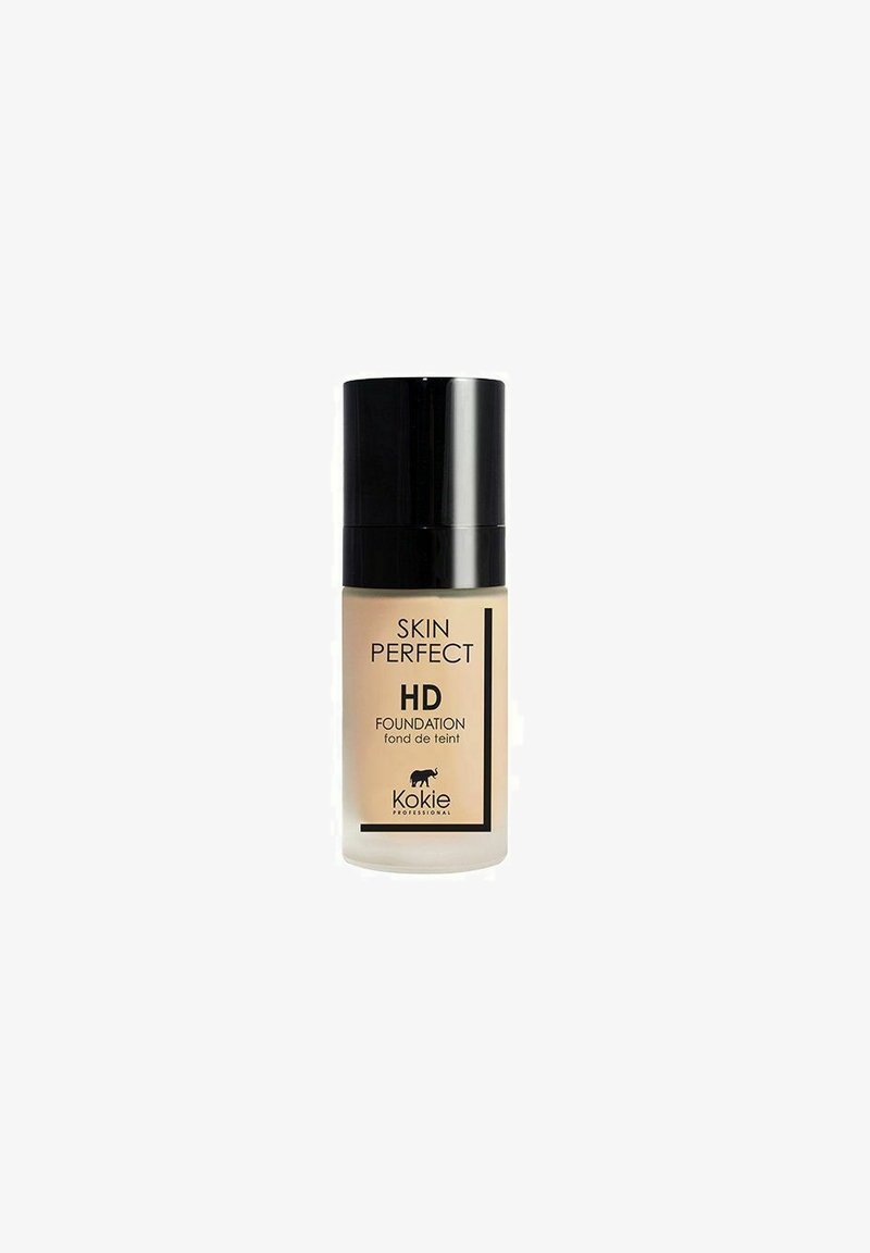 Skin Perfect HD flydende foundationflaske med sort låg, beige tone og Kokie Professional branding på forsiden.