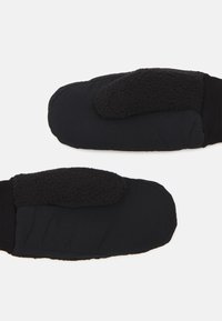 Black mittens featuring a soft, textured fleece patch on the thumb area. The material is a smooth, weather-resistant fabric.