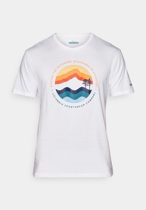White cotton t-shirt featuring a colorful mountain and wave graphic with text, flat neckline, short sleeves, and Columbia logo on sleeve.