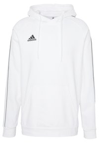 Sweat à capuche blanc en tissu doux, doté d'une poche frontale, d'un cordon de serrage, et du logo Adidas noir sur la poitrine ainsi que des bandes latérales.