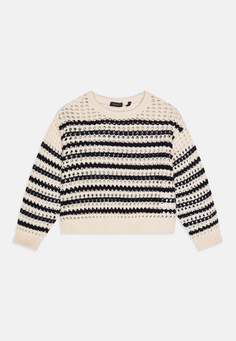Gestrickter Pullover mit einer cremefarbenen Basis, der abwechselnd schwarze und marineblaue horizontale Streifen sowie strukturierte offene Maschen an den Ärmeln und dem Körper aufweist.
