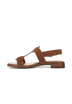 Brown suede sandals with a cut-out design. Features woven straps, a low wooden heel, and a cushioned footbed. Ideal for casual wear.