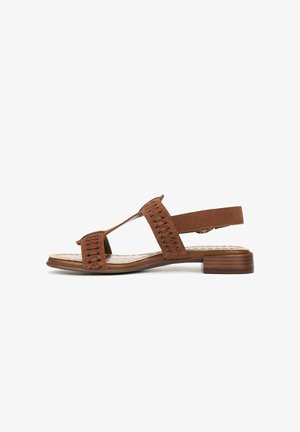 Sandales en daim marron avec un design découpé. Caractérisées par des brides tissées, un talon bas en bois et une semelle intérieure rembourrée. Idéales pour une tenue décontractée.
