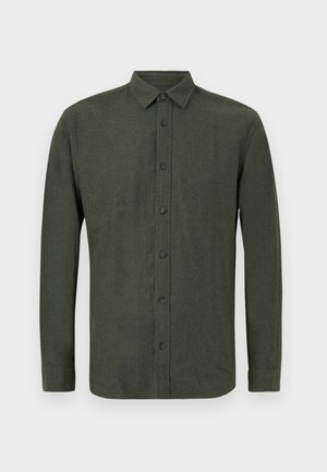 Chemise à manches longues vert foncé avec col, présentée à plat sur fond blanc.