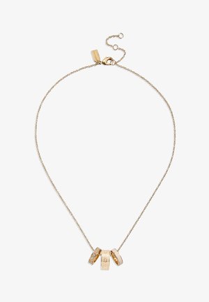 Halskette in Goldfarbe mit einer zarten Kette und drei runden Anhängern; zwei sind mit Strasssteinen verziert, einer hat eine glatte Oberfläche.