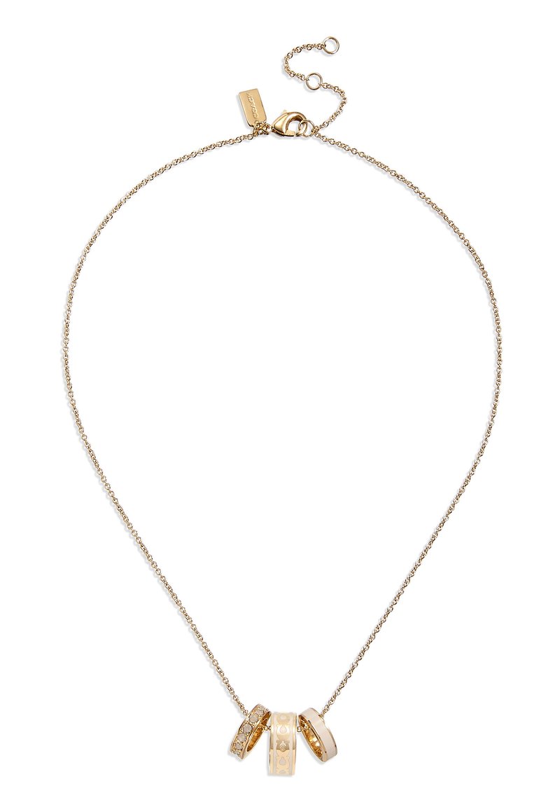 Collana in tono oro caratterizzata da una delicata catena e tre pendenti circolari; due sono decorati con strass, uno ha una finitura liscia.