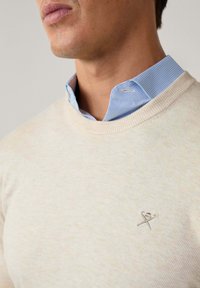 Beige Strickpullover mit Rundhalsausschnitt, der eine subtile Textur und ein gesticktes Logo auf der linken Brust zeigt. Darunter ein hellblaues Hemd mit Kragen.