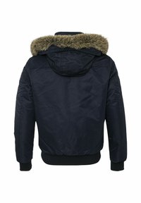 Marineblaue Jacke mit abnehmbarem, mit Pelz gefüttertem Kapuzenrand, gerippten Bündchen und Saum. Glatte Oberfläche mit leicht glänzender Textur. Keine sichtbaren Verschlüsse.