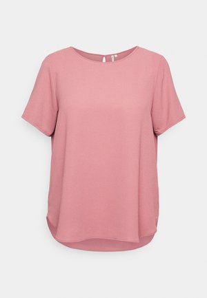 Top a maniche corte e colletto rotondo in rosa chiaro, realizzato in tessuto testurizzato. Presenta una discreta apertura a chiave sulla schiena e un orlo curvo.