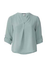 Helle türkisfarbene Bluse mit V-Ausschnitt und Dreiviertel-Rollärmeln. Strukturierter Stoff mit entspannter Passform und einem subtilen Glanz.